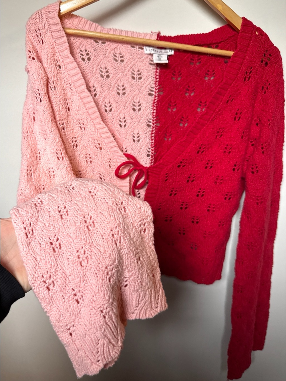 Sincerely Jules Pink & Red Knit Colorblock Tie-Front Knit Cardigan